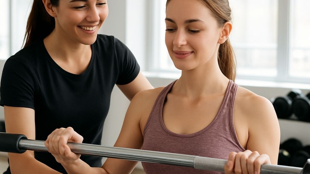 ジムの女性トレーナーににこやかに指導を受けてる女性