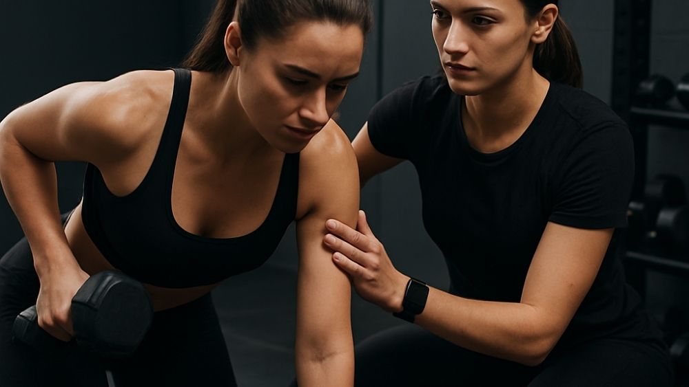 ジムで女性トレーナーから真剣に指導を受けている女性