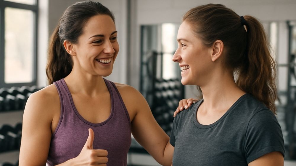 ジムで女性トレーナーが会員の肩に手を置き、笑顔でサムズアップをして励ましている様子